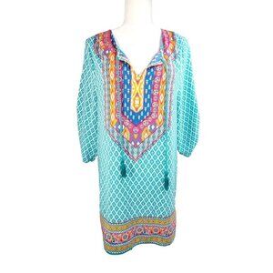 NLW Turquoise Boho Sheath Dress Coverup Made In Turkey Large